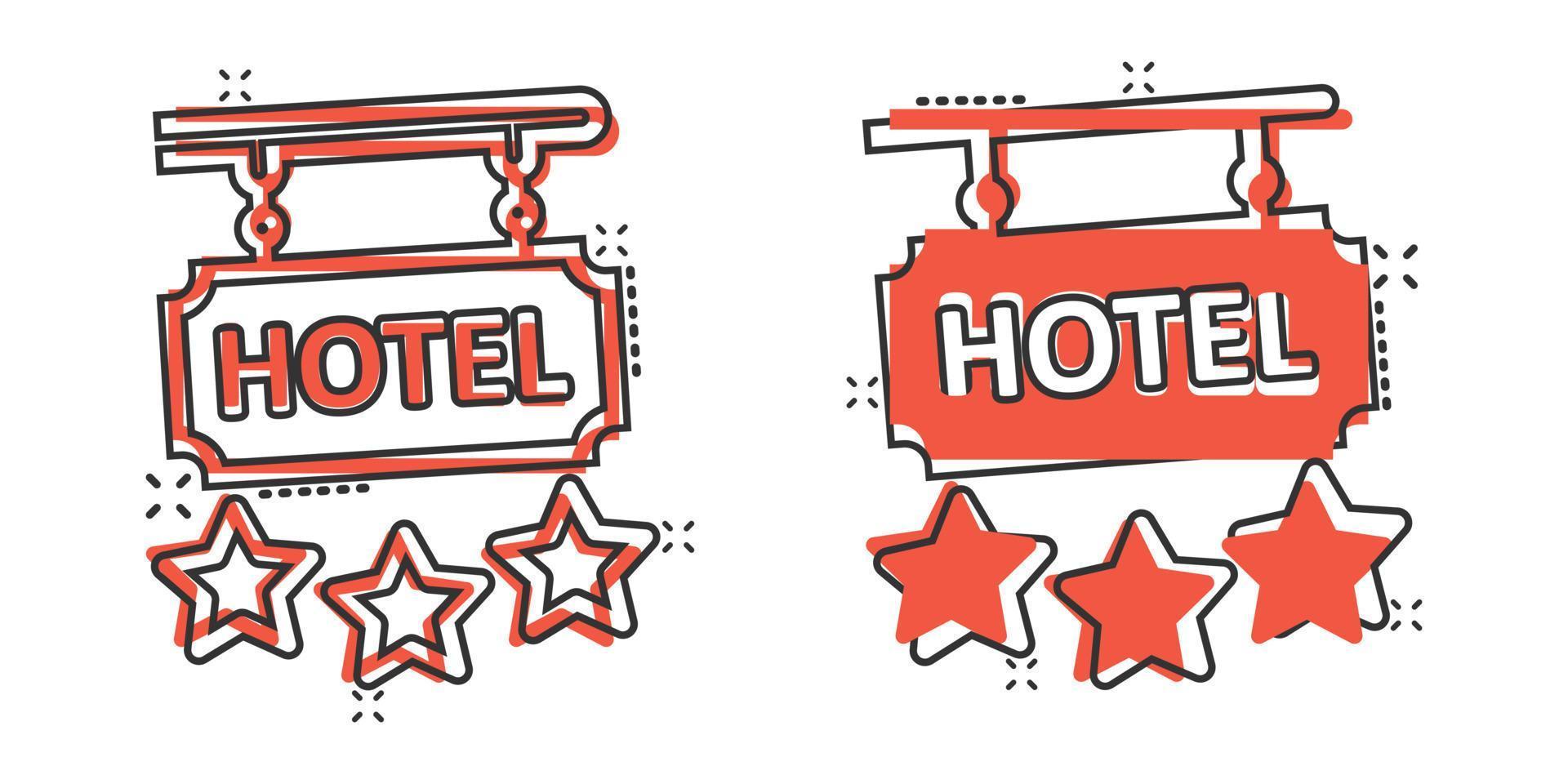 Hotel 3 stars sign icon in comic style. Inn cartoon vector illustration on white isolated background. Hostel room information splash effect business concept.