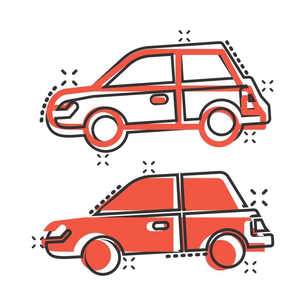 icono de coche en estilo cómico. ilustración de vector de dibujos animados de vehículo de automóvil sobre fondo blanco aislado. concepto de negocio de efecto de salpicadura de sedán.