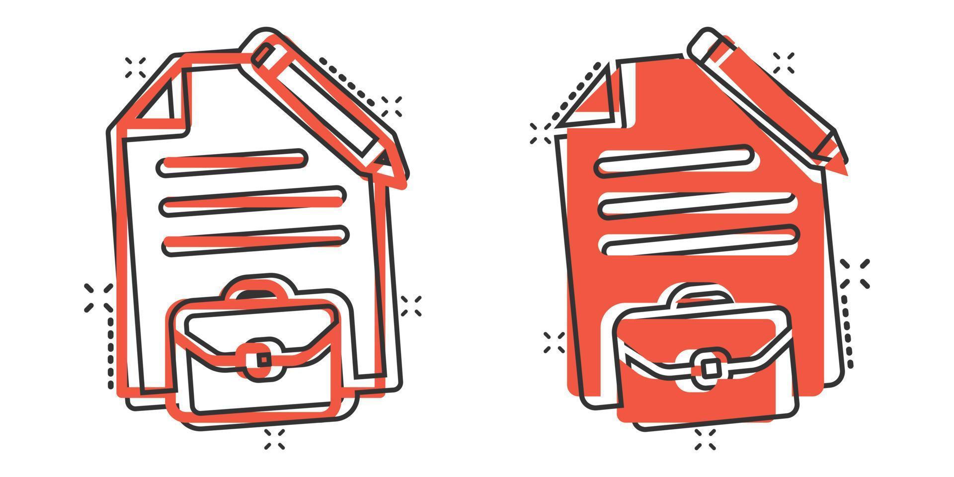 Document note with pen icon in comic style. Paper sheet pencil and briefcase cartoon vector illustration on white background. Notepad document splash effect business concept.
