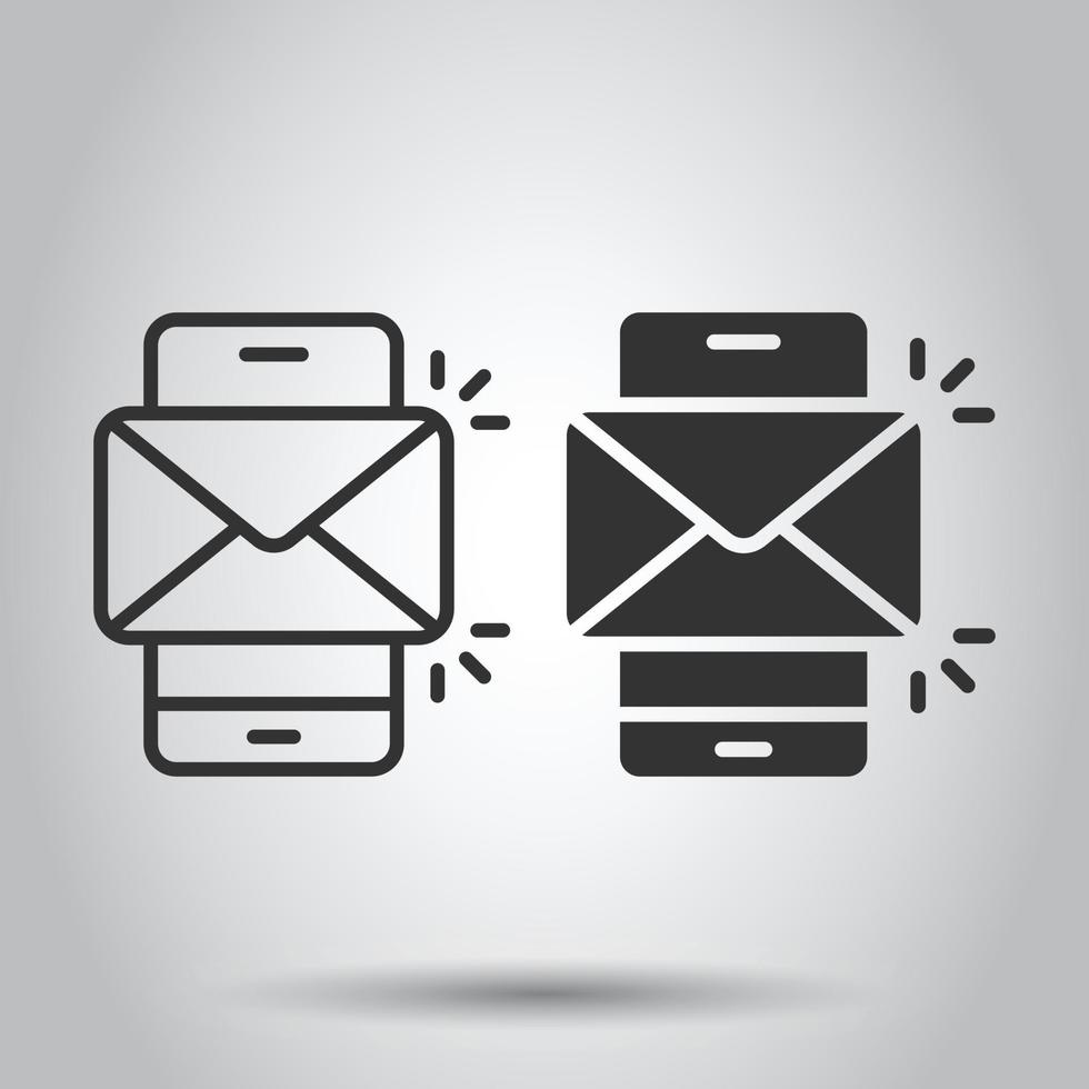 Message on smartphone icon in flat style. Mail with phone vector illustration on white isolated background. Envelope business concept.