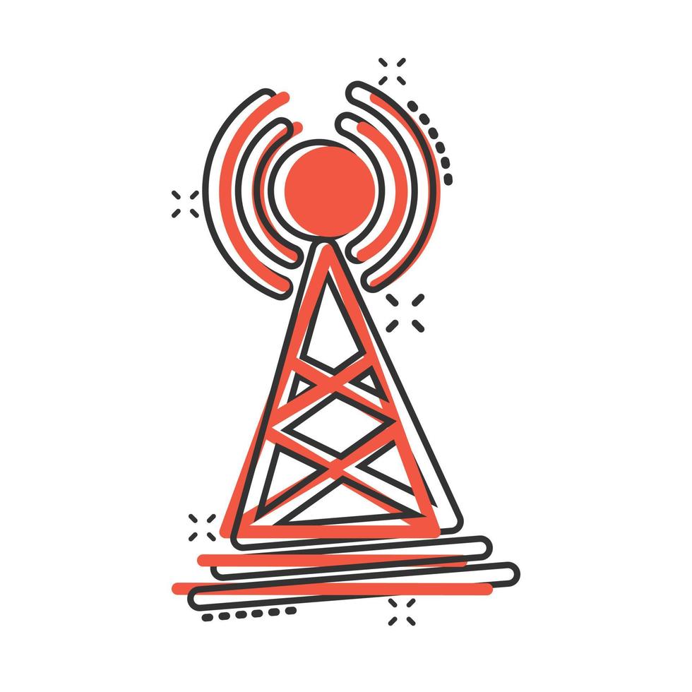 Antenna tower icon in comic style. Broadcasting cartoon vector illustration on white isolated background. Wifi splash effect business concept.