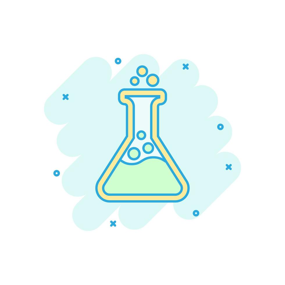 Chemistry beakers sign icon in comic style. Flask test tube vector cartoon illustration on white isolated background. Alchemy business concept splash effect.