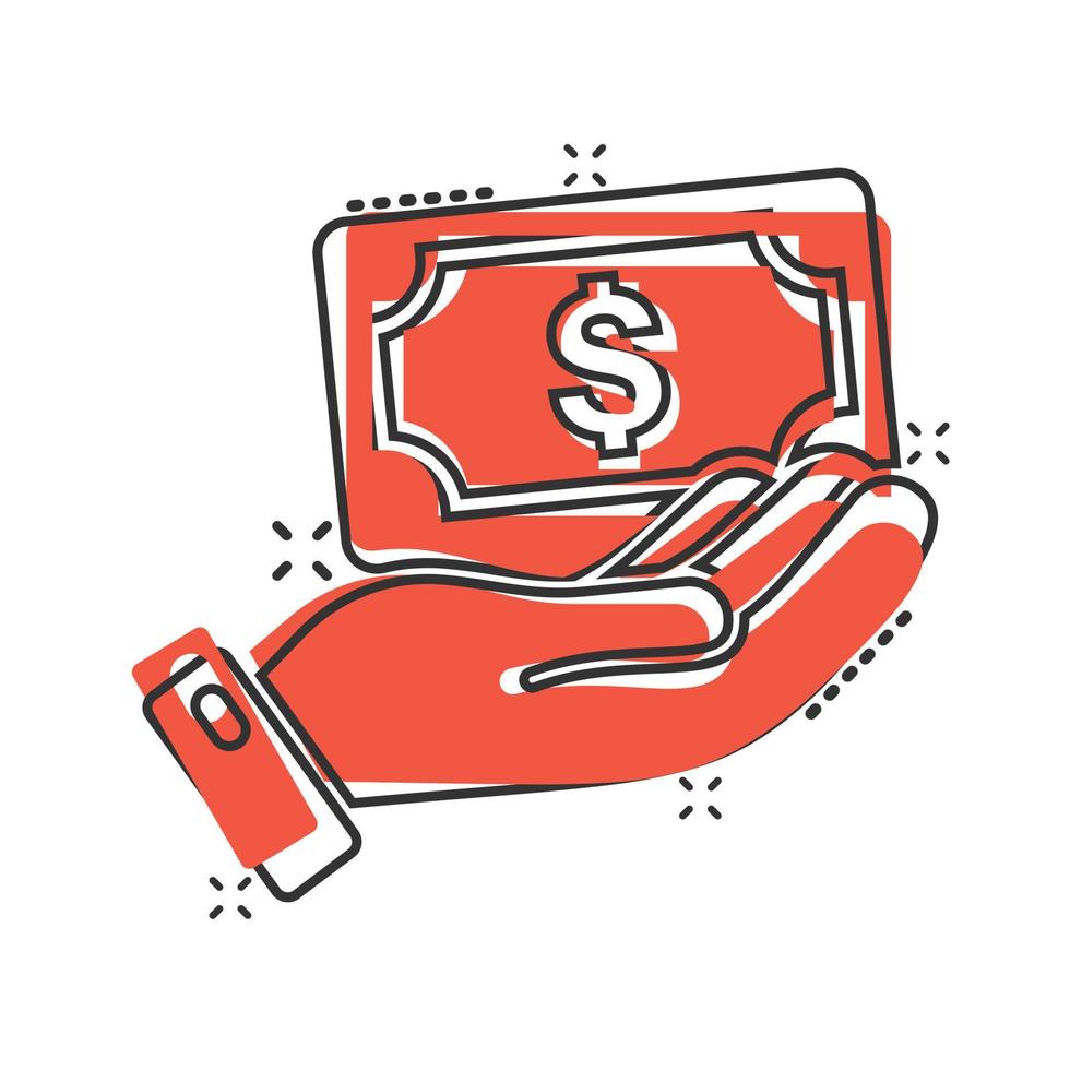 Remuneration icon in comic style. Money in hand cartoon vector illustration on white isolated background. Banknote payroll splash effect business concept.