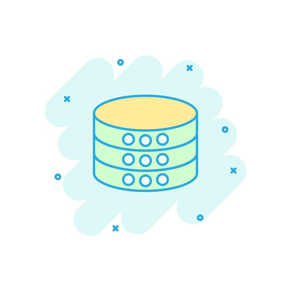 Data center icon in comic style. Server vector cartoon illustration on white isolated background. Security business concept splash effect.