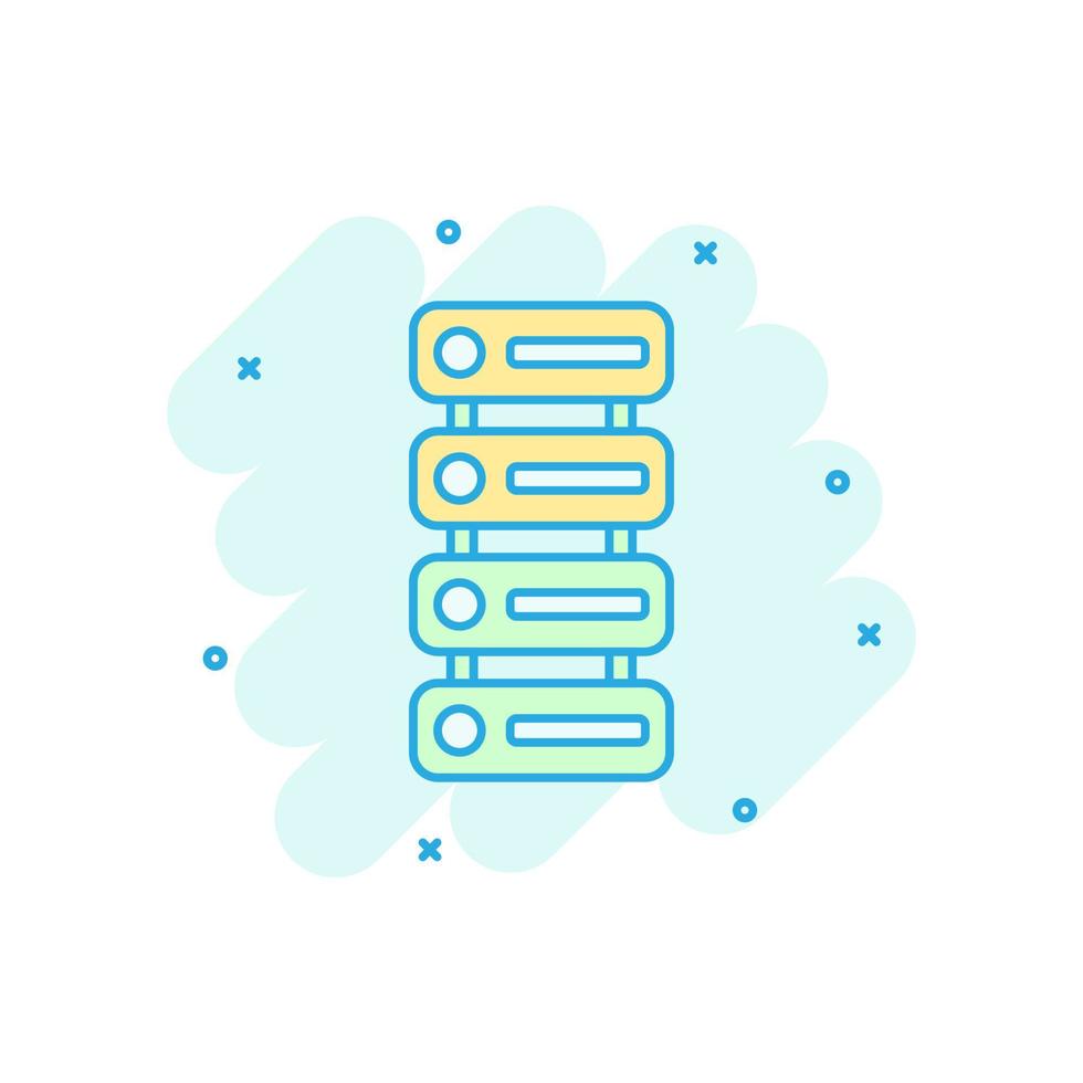 Data center icon in comic style. Server vector cartoon illustration on white isolated background. Security business concept splash effect.