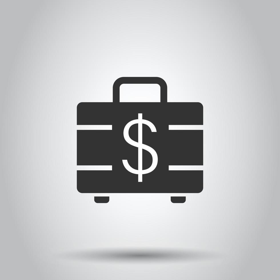 Money briefcase icon in flat style. Cash box vector illustration on white isolated background. Finance business concept.