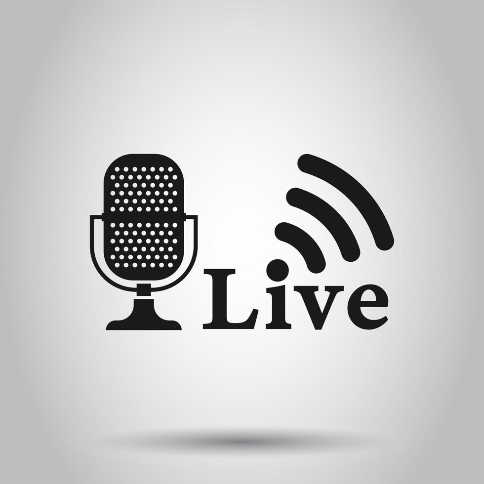 Microphone icon in flat style. Live broadcast vector illustration on isolated background. Sound record business concept.