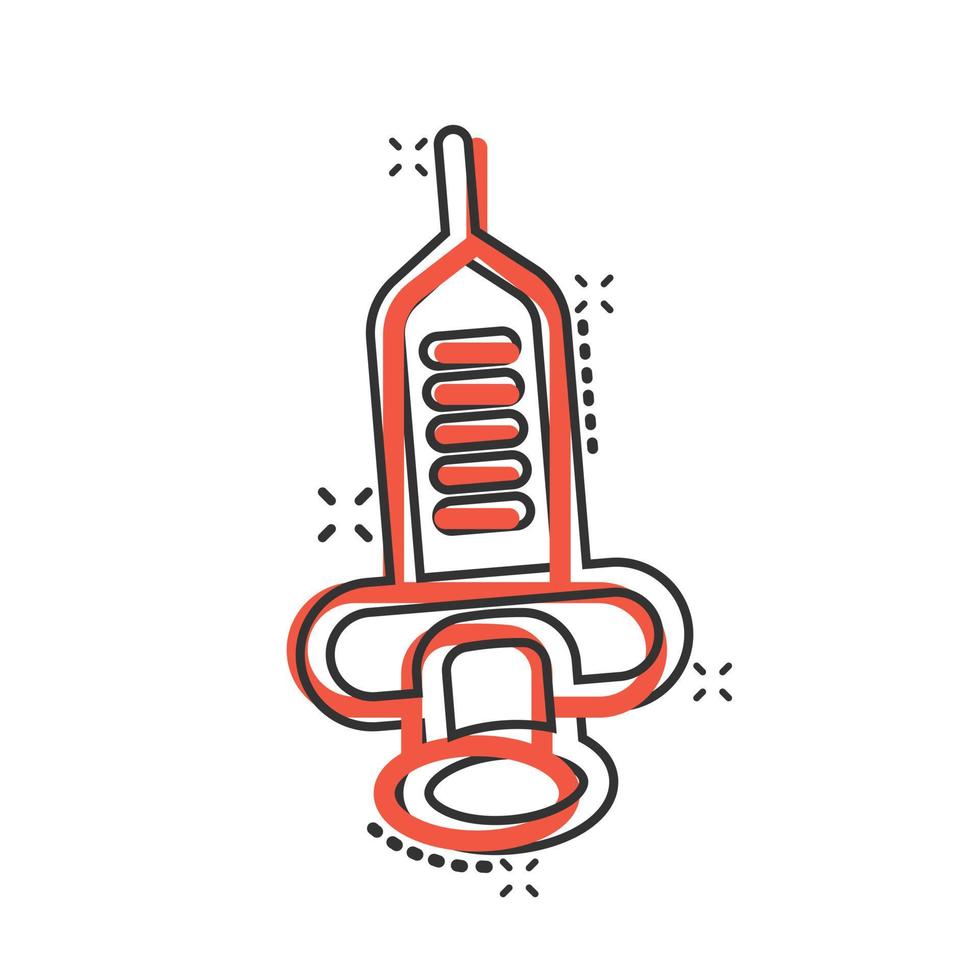 Syringe icon in comic style. Inject needle cartoon vector illustration on white isolated background. Drug dose splash effect business concept.