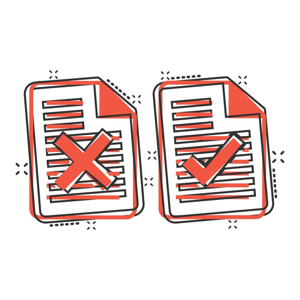Document accepted and damaged icon in comic style. Correct, broken cartoon vector illustration on white isolated background. Check message splash effect business concept.