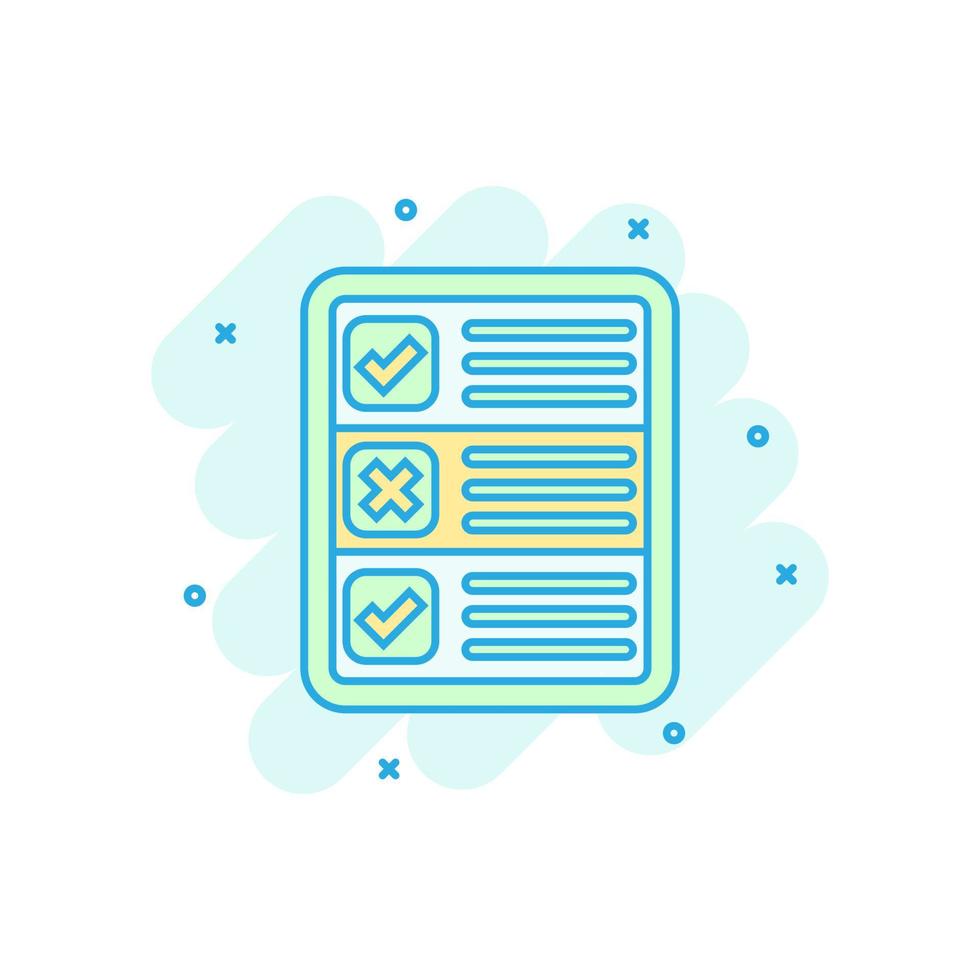 Questionnaire icon in comic style. Online survey vector cartoon illustration on white isolated background. Checklist report splash effect business concept.