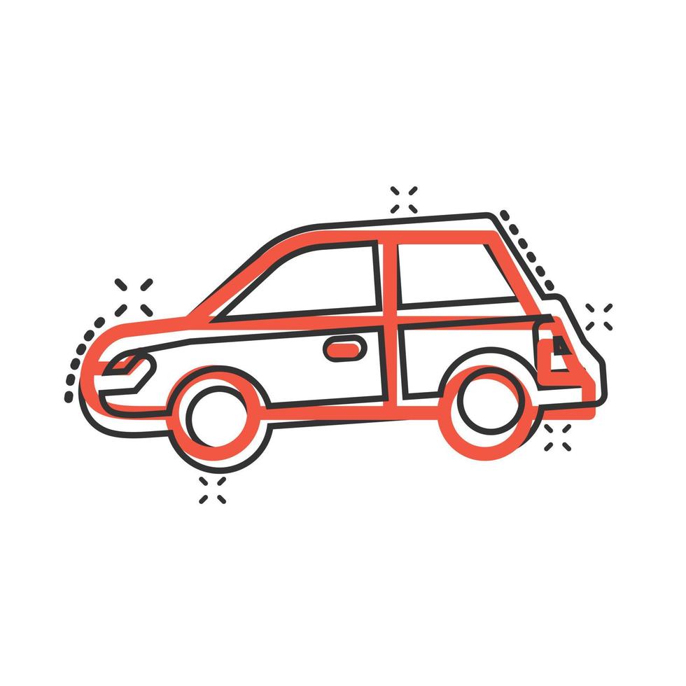 icono de coche en estilo cómico. ilustración de vector de dibujos animados de vehículo de automóvil sobre fondo blanco aislado. concepto de negocio de efecto de salpicadura de sedán.