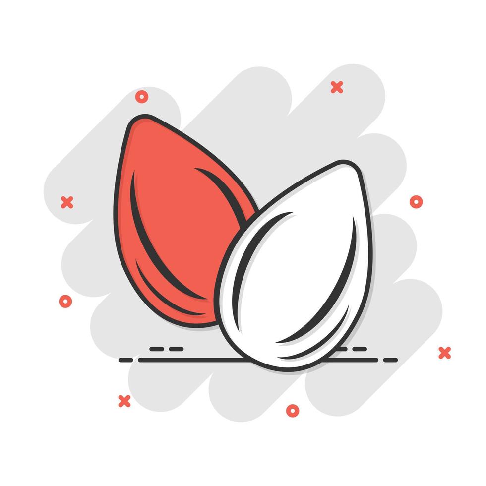 Almond icon in comic style. Bean vector cartoon illustration on white isolated background. Nut business concept splash effect.