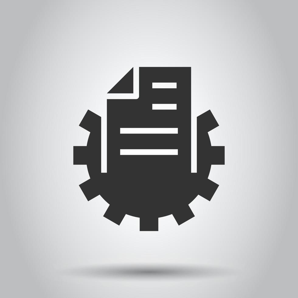 Document with gear icon in flat style. Big data processing vector illustration on white isolated background. Paper sheet software solution business concept.