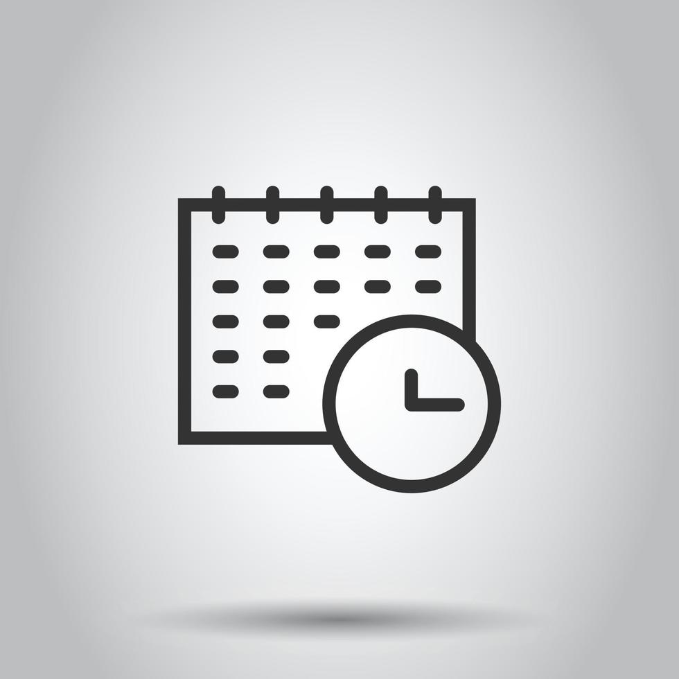 Calendar with clock icon in flat style. Agenda vector illustration on white isolated background. Schedule time planner business concept.