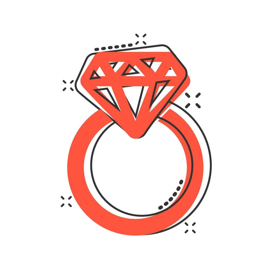 anillo de compromiso de dibujos animados vectoriales con icono de diamante en estilo cómico. pictograma de ilustración de anillo de joyería de boda. concepto de efecto de salpicadura de negocio de relación romántica. vector