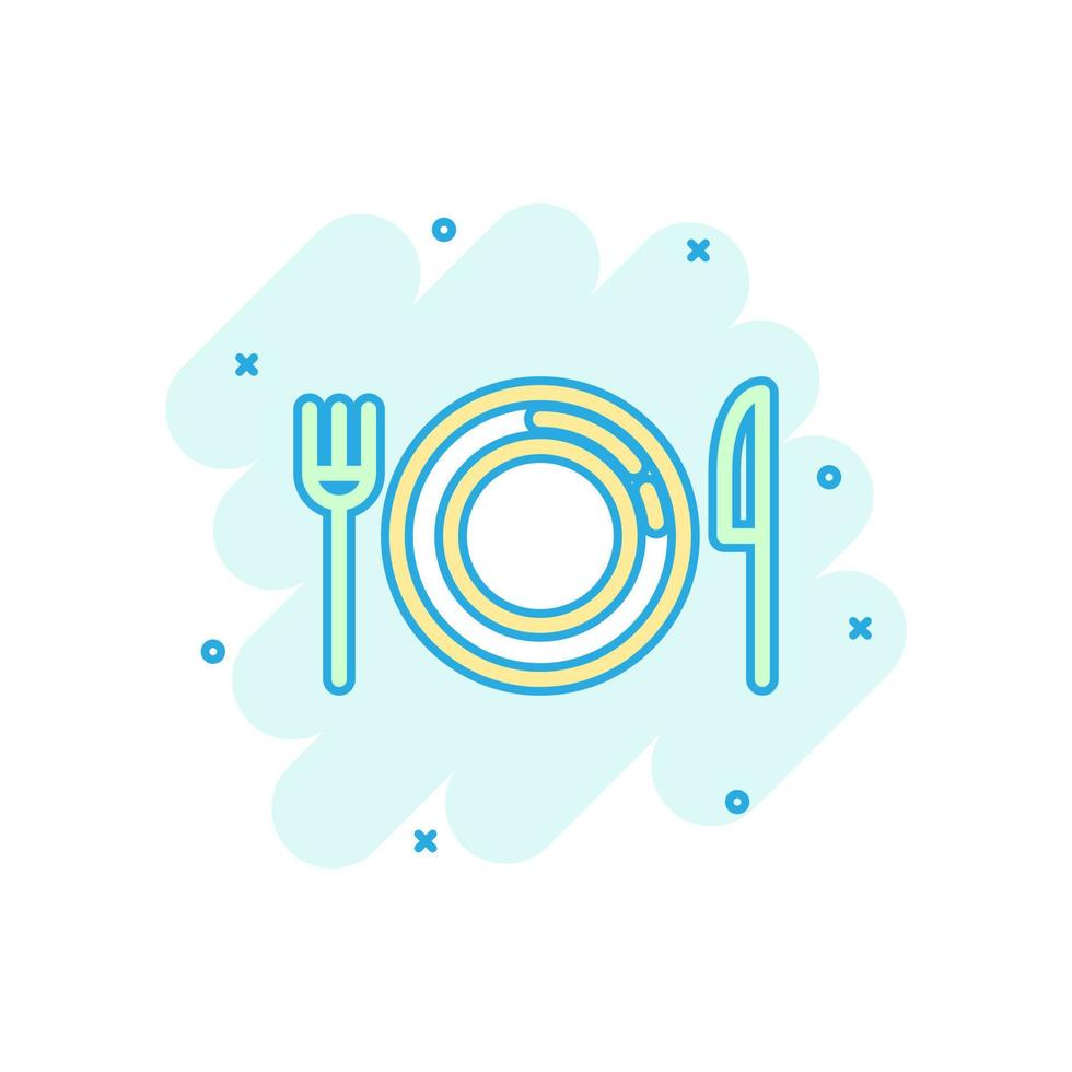 Fork, knife and plate icon in comic style. Restaurant vector cartoon illustration on white isolated background. Dinner business concept splash effect.