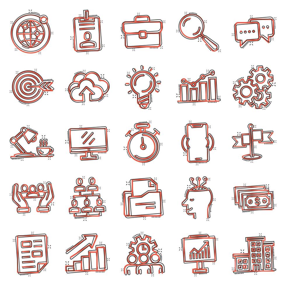 Business icons set in comic style. Finance strategy cartoon vector illustration on white isolated background. Marketing splash effect business concept.