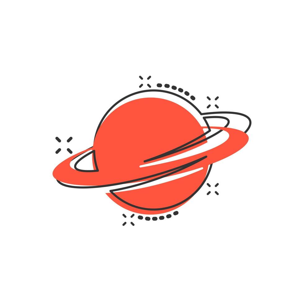 Saturn icon in comic style. Planet vector cartoon illustration on white isolated background. Galaxy space business concept splash effect.