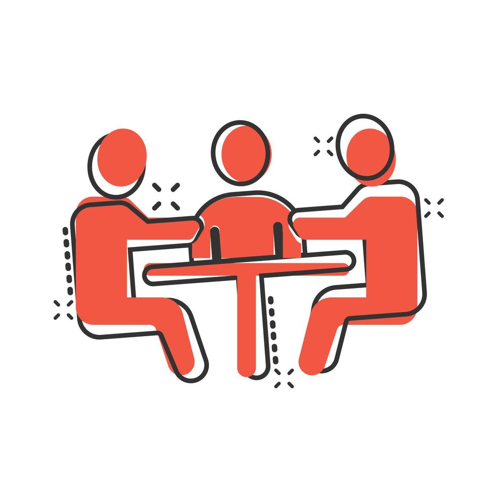 personas con icono de mesa en estilo cómico. dibujos animados de conferencia de trabajo en equipo vector