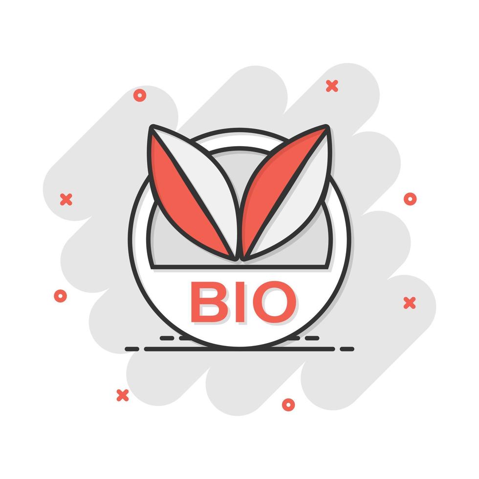Vector cartoon bio label badge icon in comic style. Eco organic product stamp concept illustration pictogram. Eco natural food business splash effect concept.