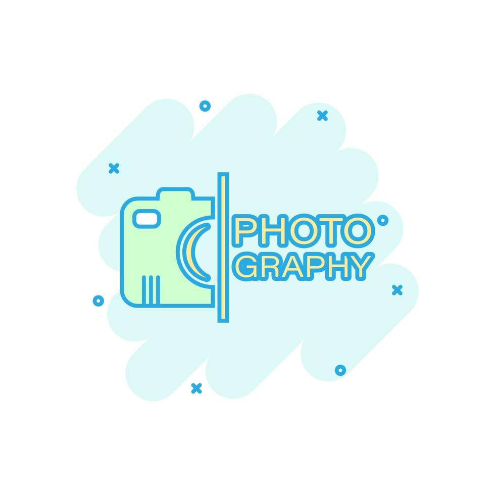 Camera device sign icon in comic style. Photography vector cartoon illustration on white isolated background. Cam equipment business concept splash effect.