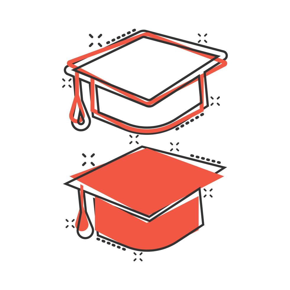 Graduation hat icon in comic style. Student cap cartoon vector illustration on white isolated background. University splash effect business concept.