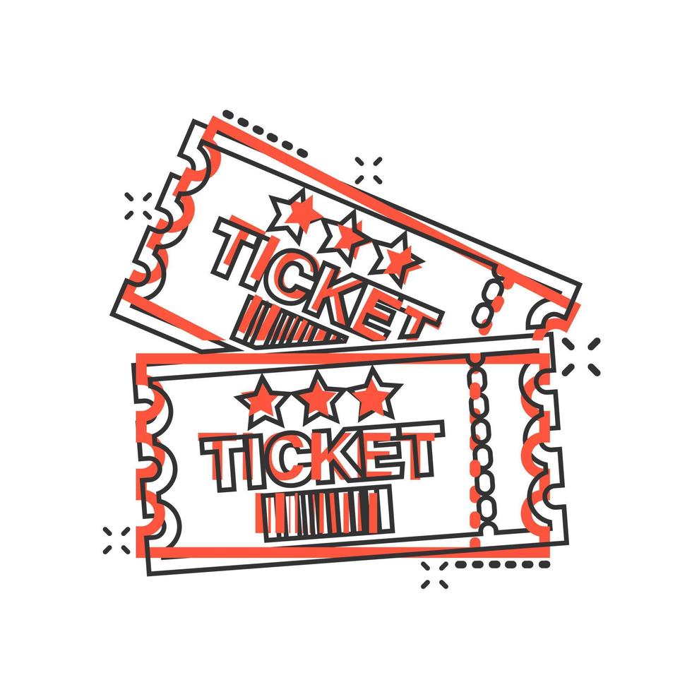 Cinema ticket icon in comic style. Admit one coupon entrance vector cartoon illustration pictogram splash effect.