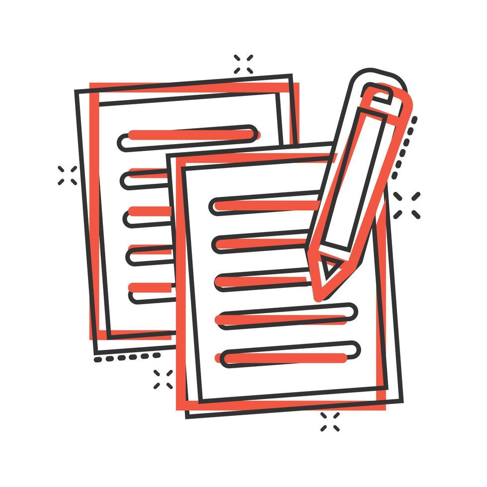 Document note with pen icon in comic style. Paper sheet pencil cartoon vector illustration on white background. Notepad document splash effect business concept.