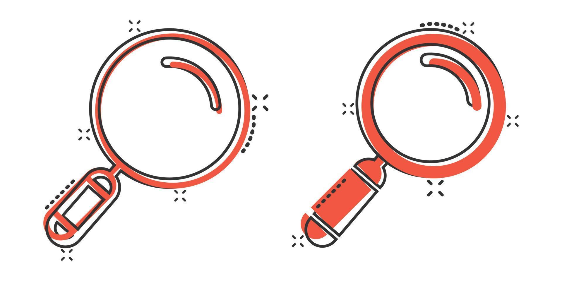 Loupe sign icon in comic style. Magnifier cartoon vector illustration on white isolated background. Search splash effect business concept.