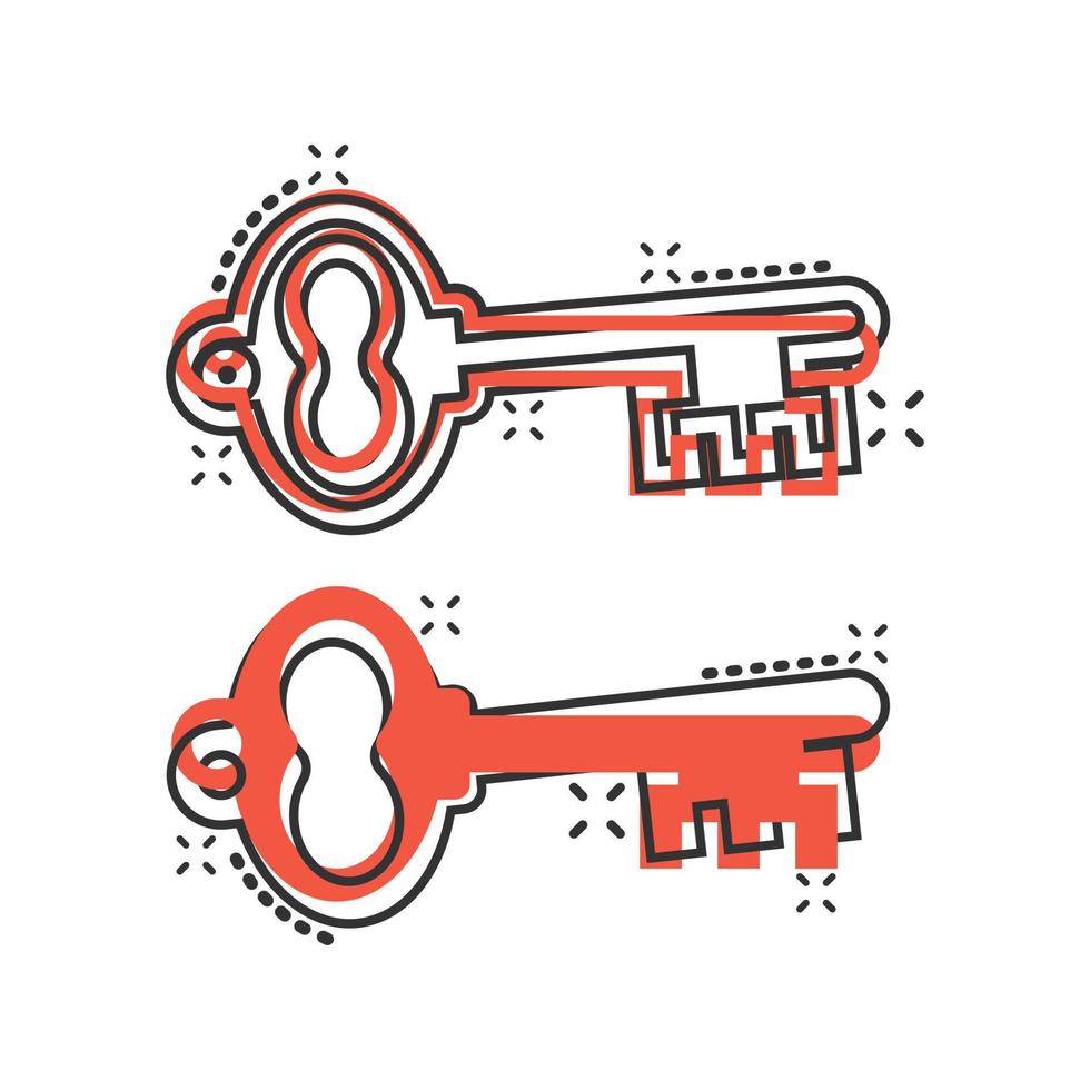 Key icon in comic style. Password cartoon vector illustration on white isolated background. Access splash effect business concept.