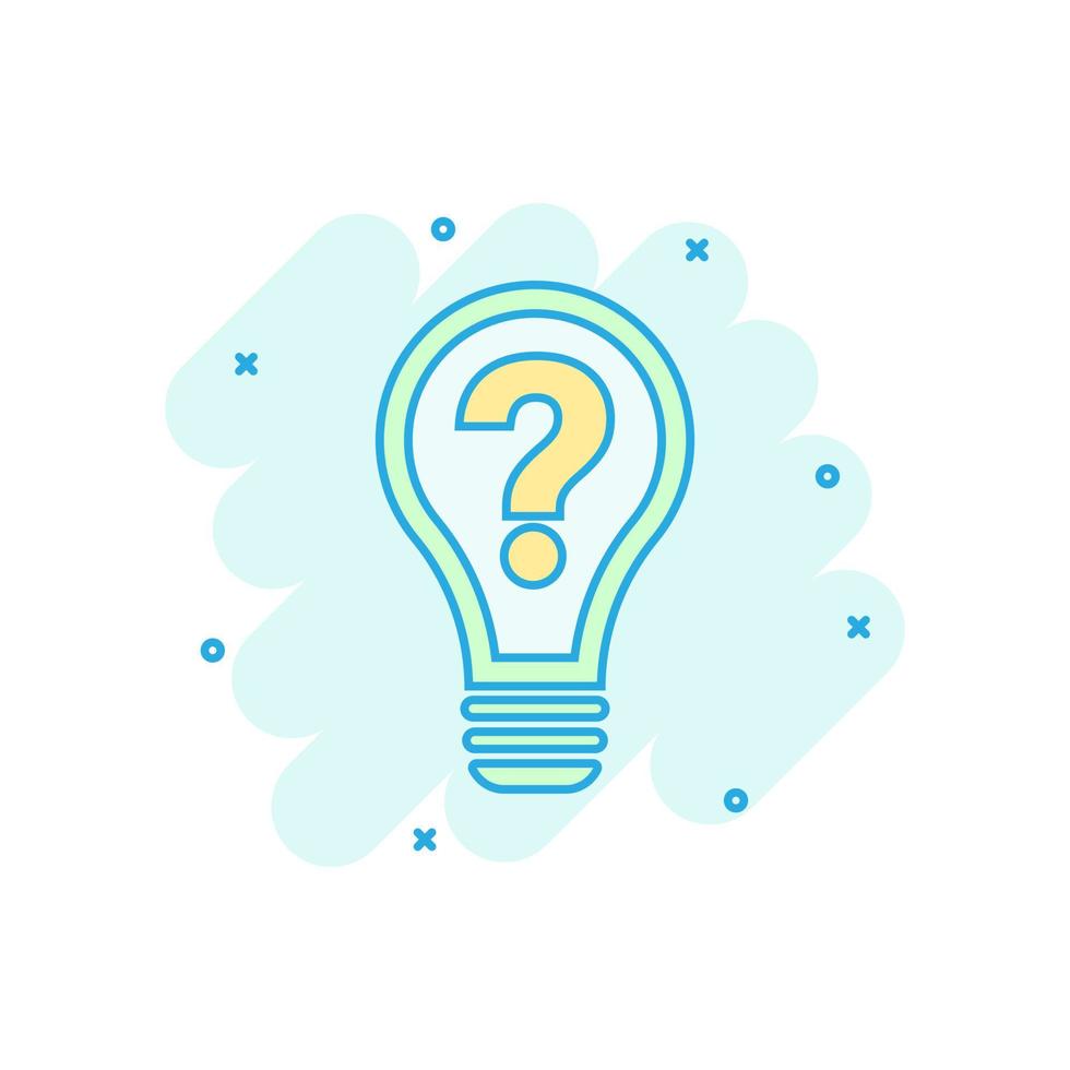 Problem solution icon in comic style. Light bulb idea vector cartoon illustration on white background. Question and answer business concept splash effect.