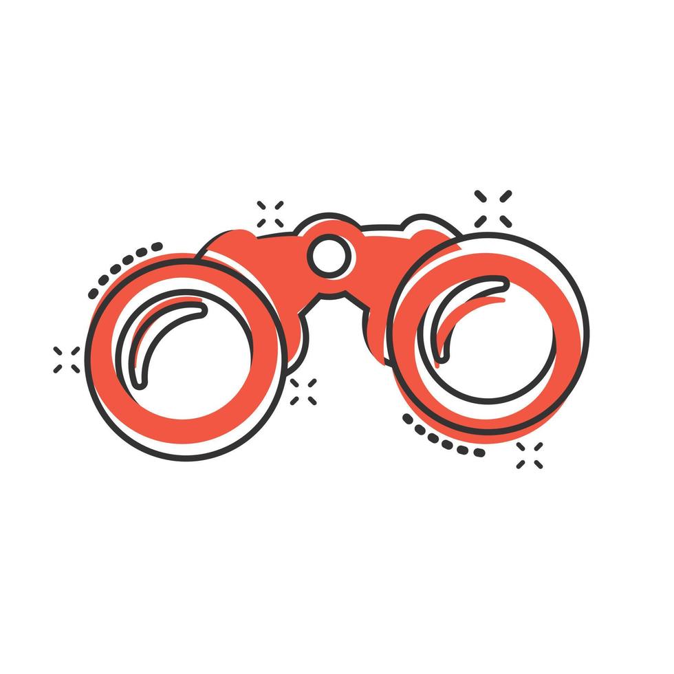 Binocular icon in comic style. Search cartoon vector illustration on white isolated background. Zoom splash effect business concept.