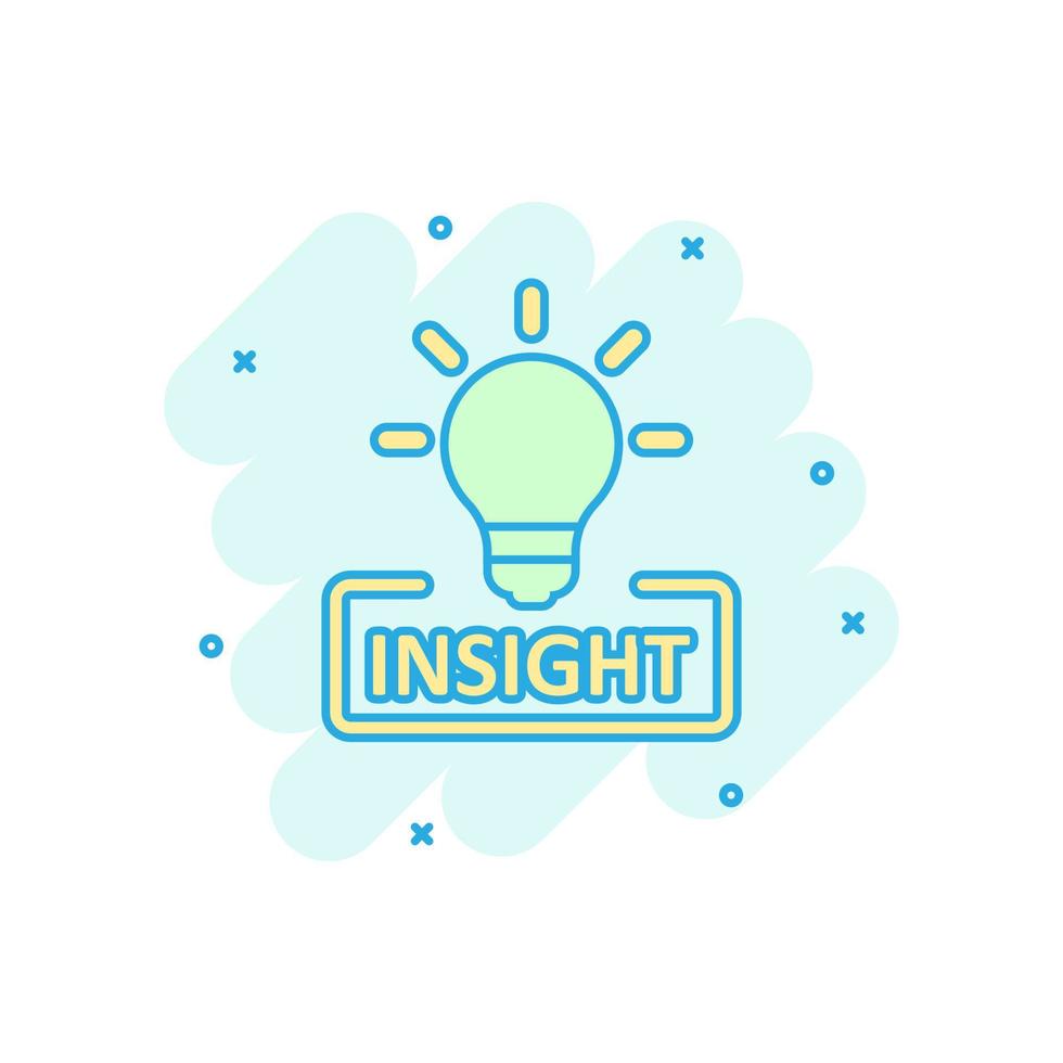 Insight icon in comic style. Bulb vector cartoon illustration on white isolated background. Idea business concept splash effect.