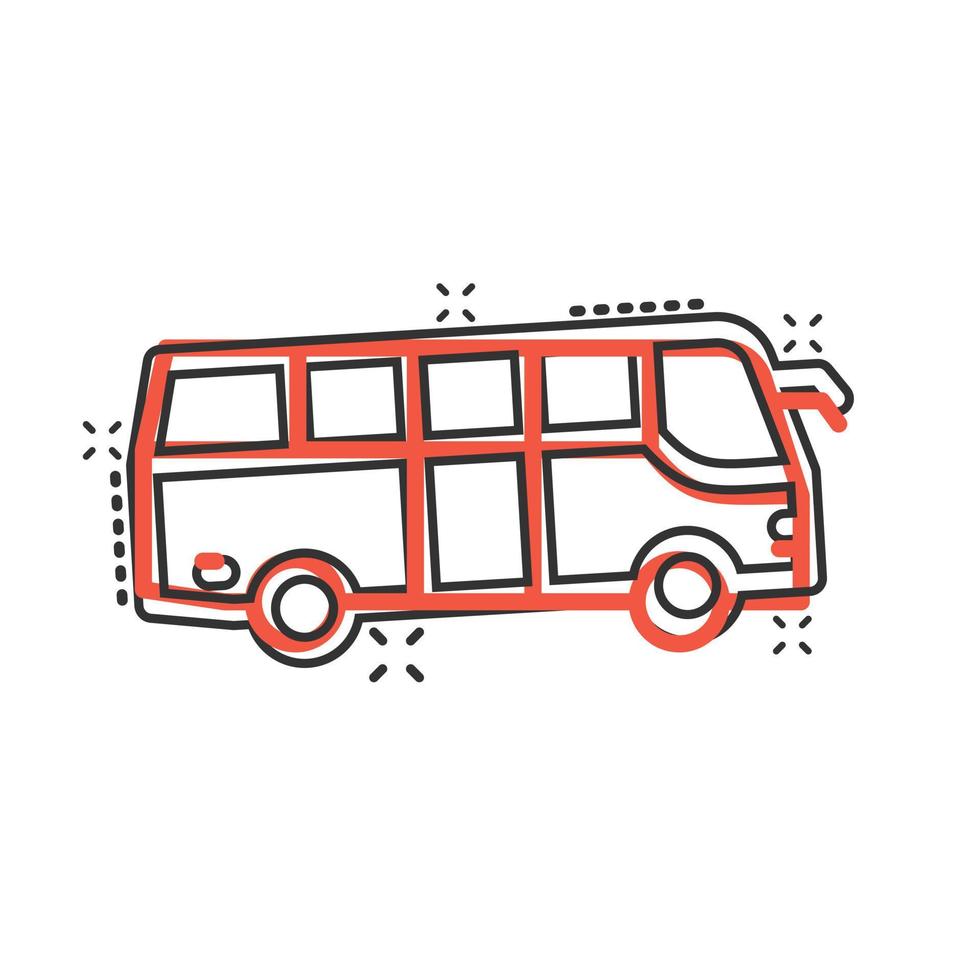 Bus icon in comic style. Coach cartoon vector illustration on white isolated background. Autobus vehicle splash effect business concept.