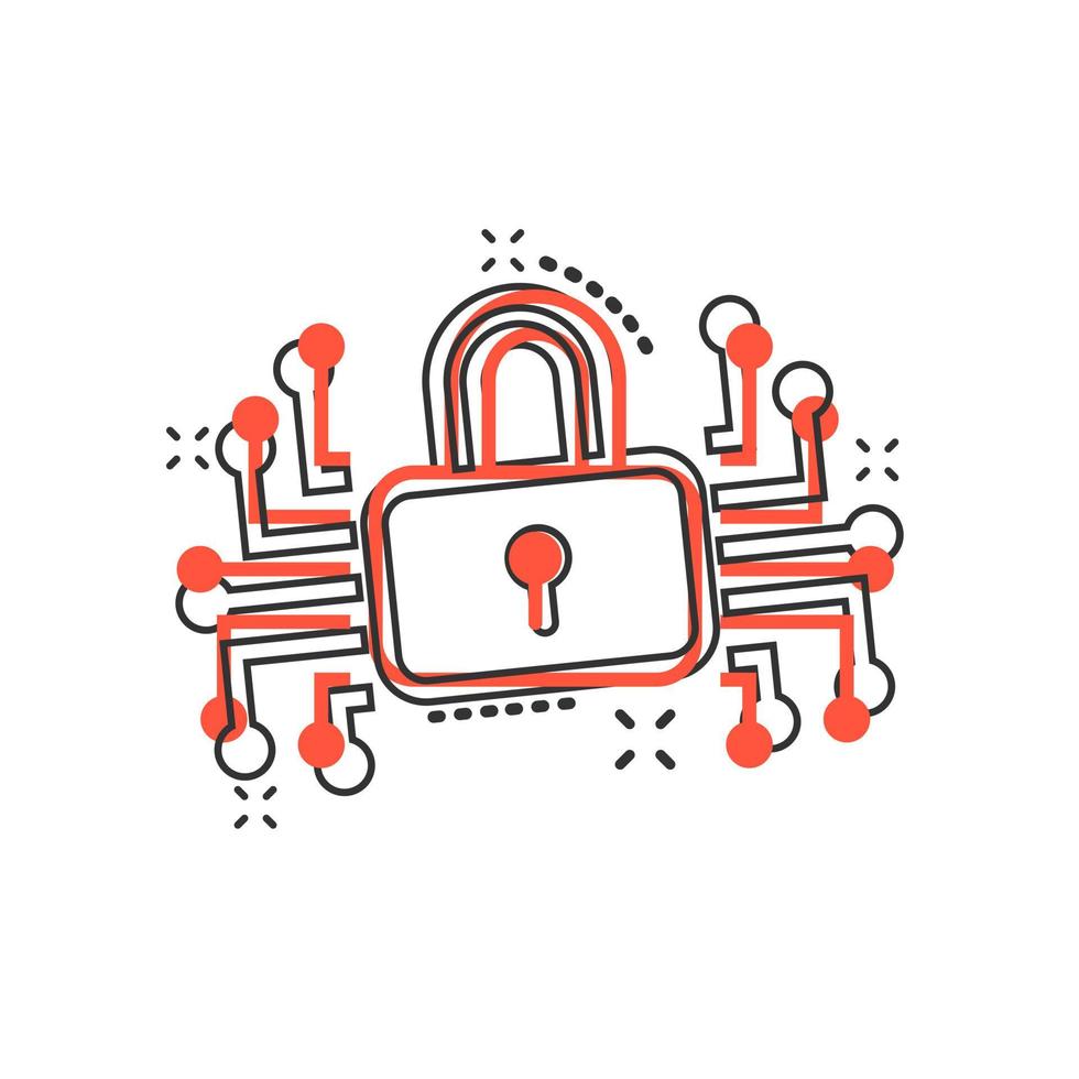 Cyber security icon in comic style. Padlock locked vector cartoon illustration on white isolated background. Closed password business concept splash effect.