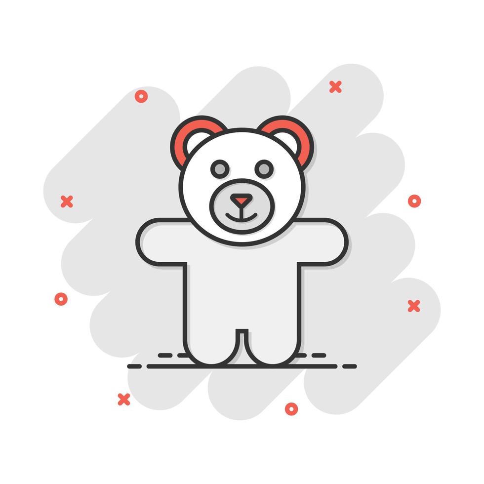 Vector cartoon teddy bear plush toy icon in comic style. Teddy toy sign illustration pictogram. Bear business splash effect concept.