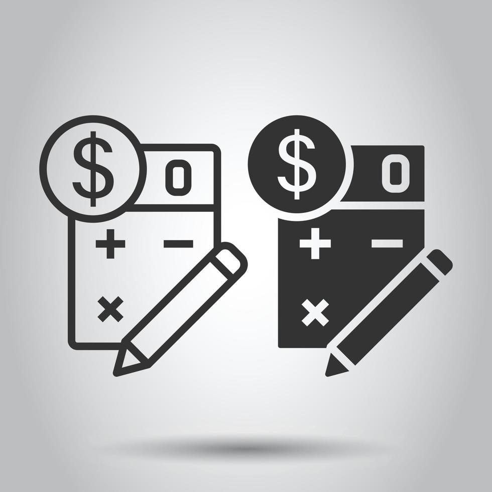 Tax payment icon in flat style. Budget invoice vector illustration on white isolated background. Calculator with dollar coin and pencil business concept.