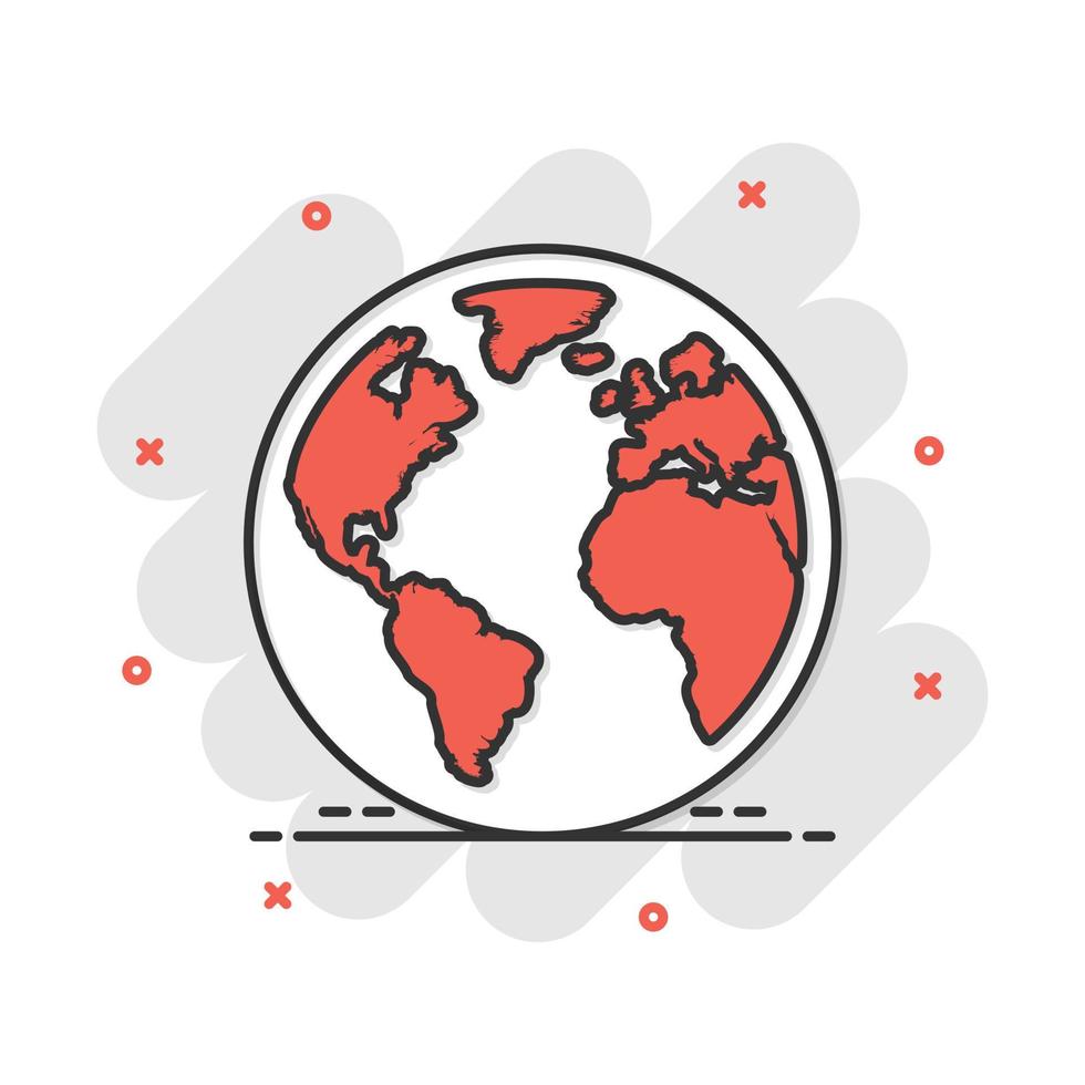 Vector cartoon globe world map icon in comic style. Round earth illustration pictogram. Planet business splash effect concept.