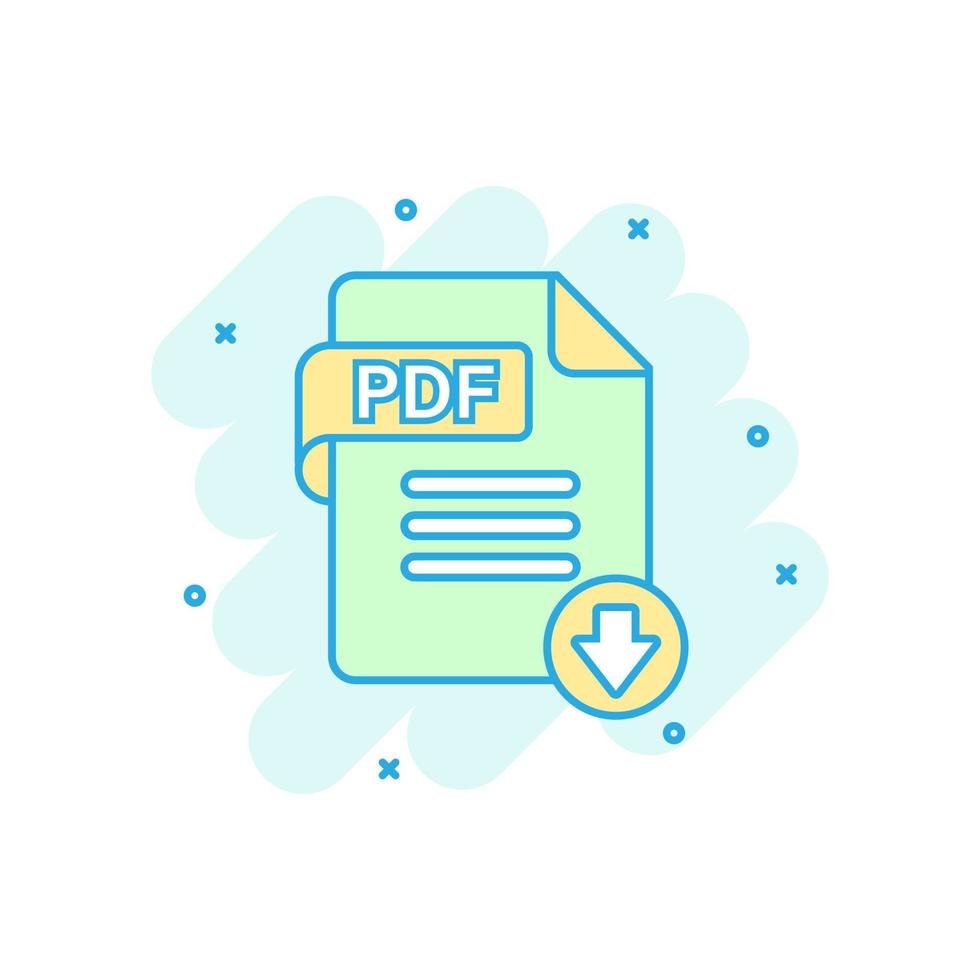 Pdf icon in comic style. Document text vector cartoon illustration on white isolated background. Archive splash effect business concept.