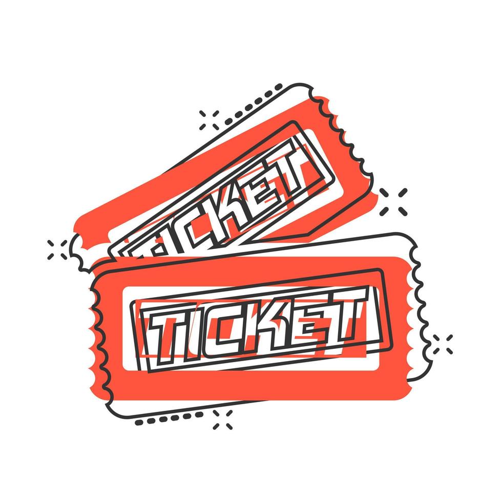 Cinema ticket icon in comic style. Admit one coupon entrance vector cartoon illustration pictogram splash effect.