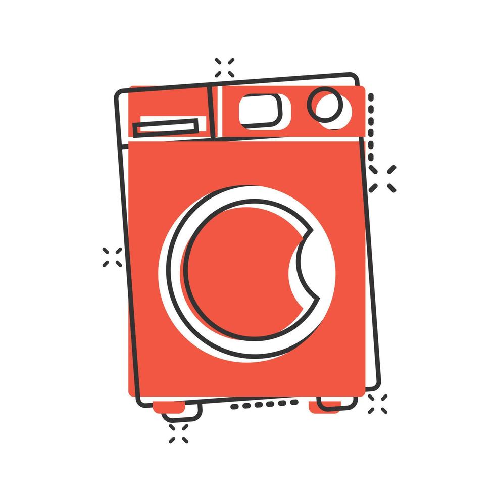 Washing machine icon in comic style. Washer cartoon vector illustration on white isolated background. Laundry splash effect business concept.