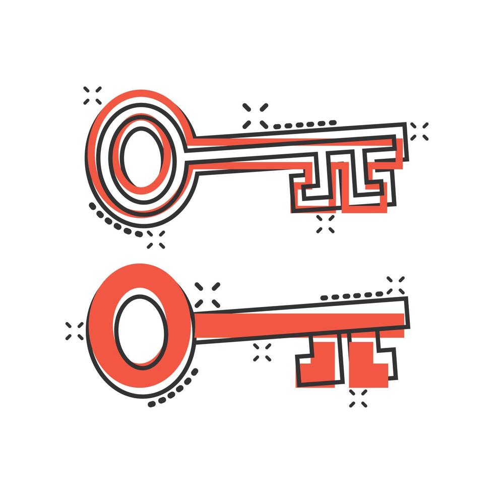 Key icon in comic style. Password cartoon vector illustration on white isolated background. Access splash effect business concept.