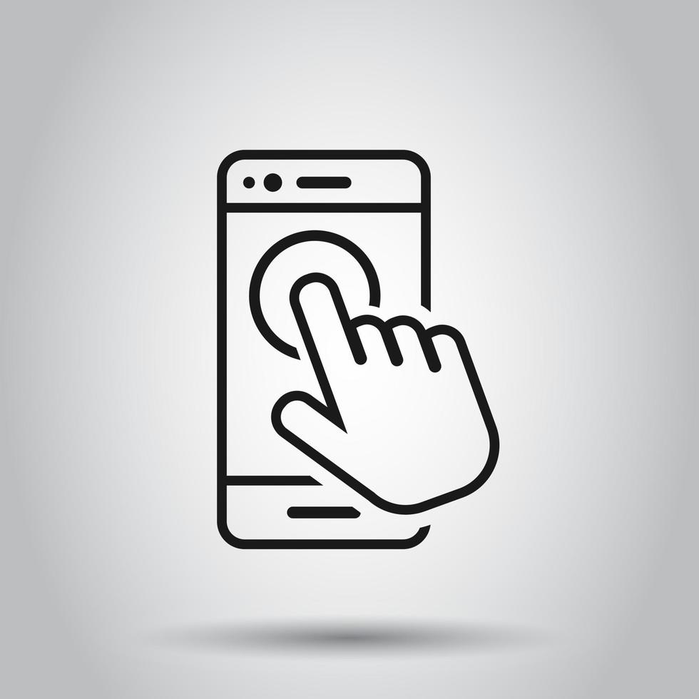 Hand touch smartphone icon in flat style. Phone finger vector illustration on isolated background. Cursor touchscreen business concept.