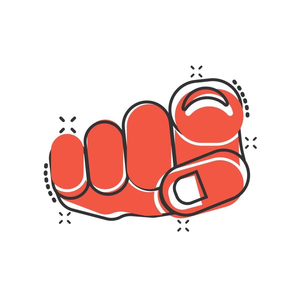 Finger point icon in comic style. Hand gesture cartoon vector illustration on white isolated background. You forward splash effect business concept.
