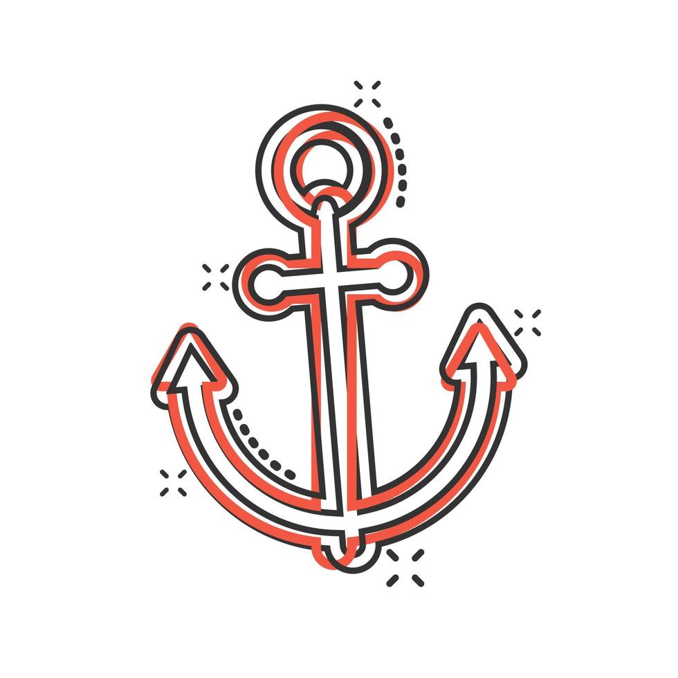 Boat anchor icon in comic style. Vessel hook cartoon vector illustration on white isolated background. Ship equipment splash effect business concept.