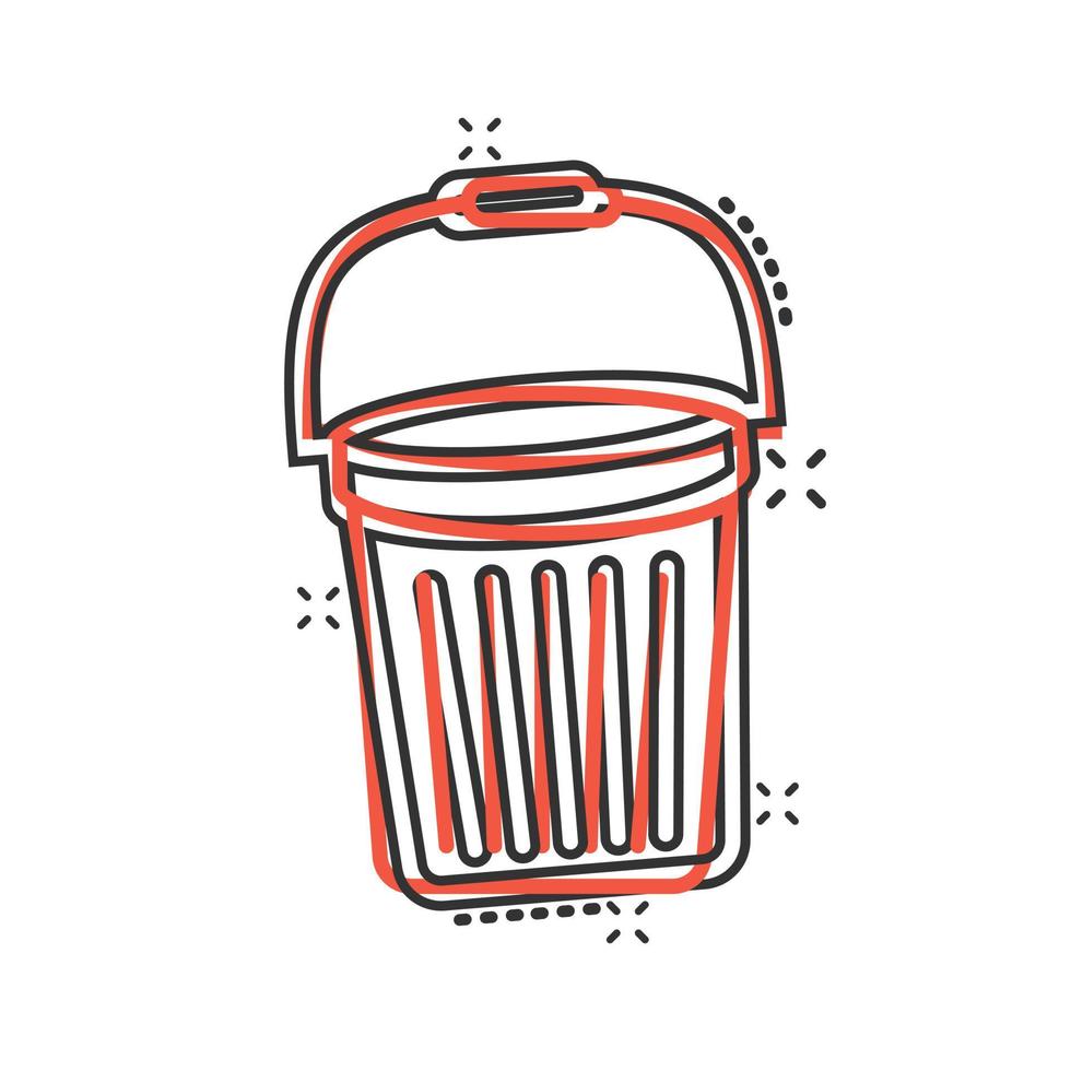 Bucket icon in comic style. Garbage pot cartoon vector illustration on white isolated background. Pail splash effect business concept.