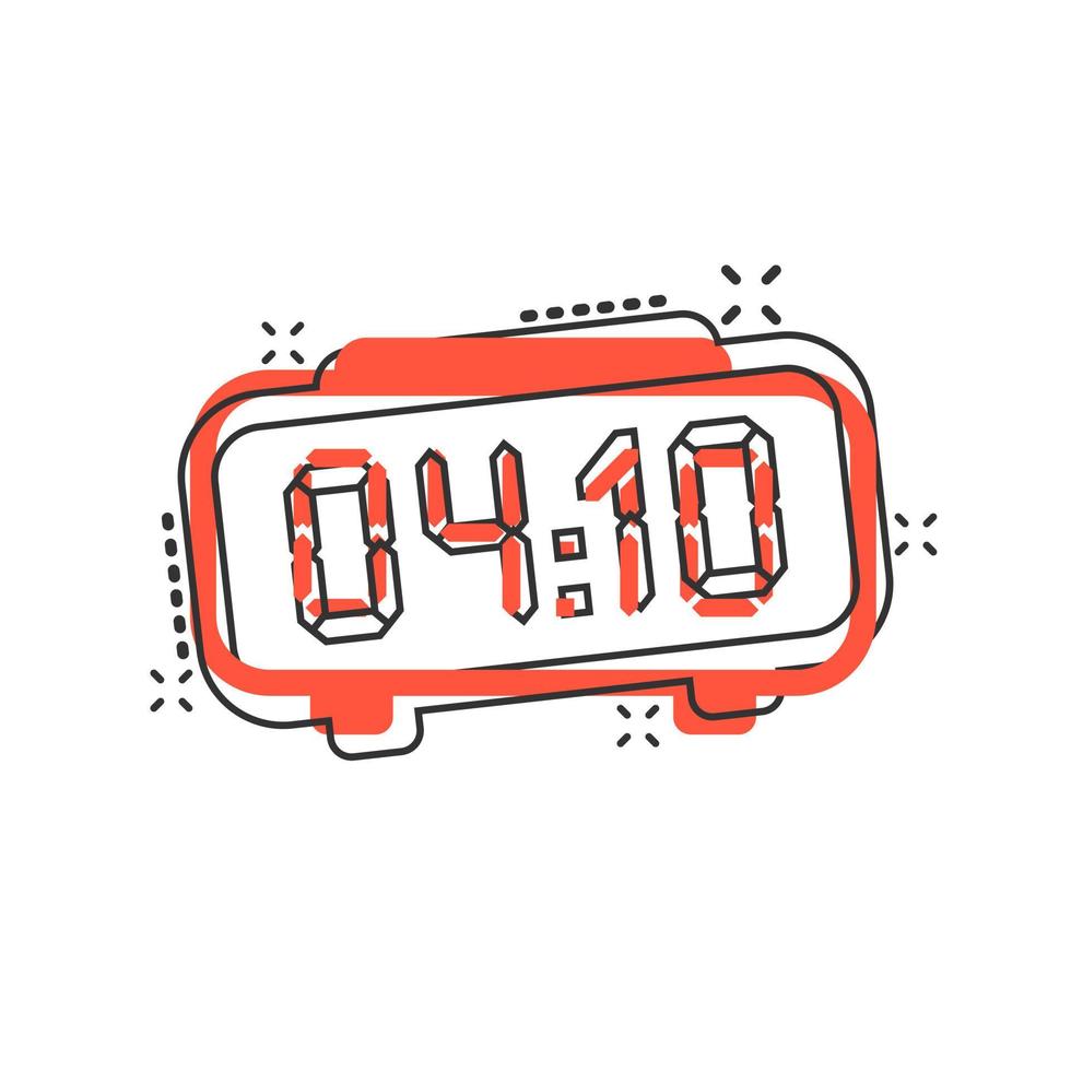 icono de signo de reloj en estilo cómico. ilustración de dibujos animados de vector de gestión de tiempo sobre fondo blanco aislado. efecto de salpicadura de concepto de negocio de temporizador.