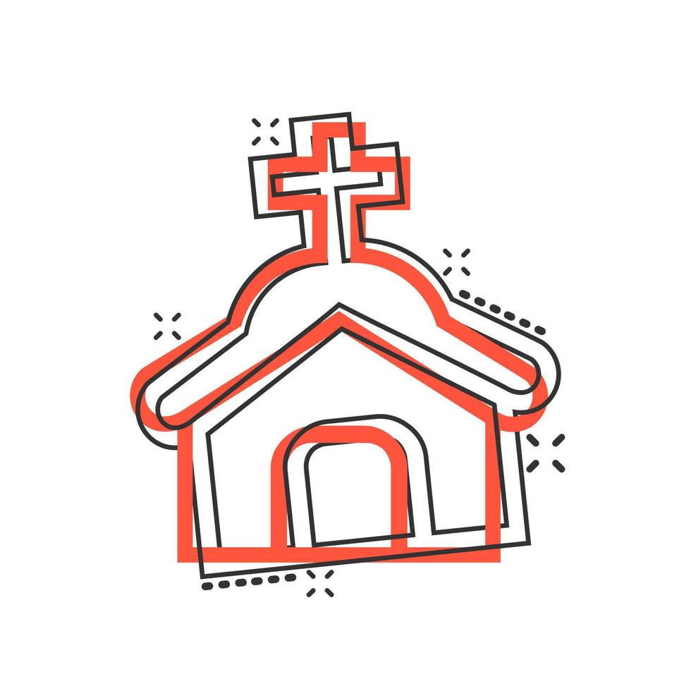 icono de la iglesia en estilo cómico. ilustración de dibujos animados de vector de capilla sobre fondo blanco aislado. efecto de salpicadura de concepto de negocio de edificio religioso.