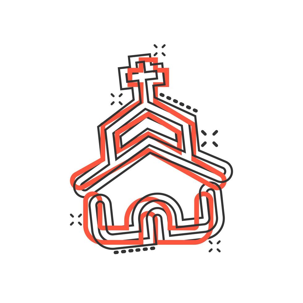 Church icon in comic style. Chapel vector cartoon illustration on white isolated background. Religious building business concept splash effect.