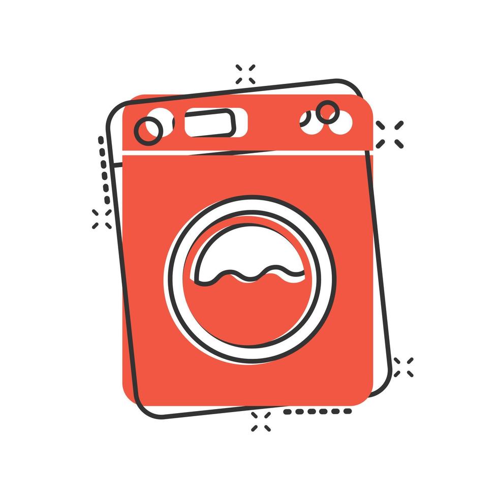 Washing machine icon in comic style. Washer cartoon vector illustration on white isolated background. Laundry splash effect business concept.